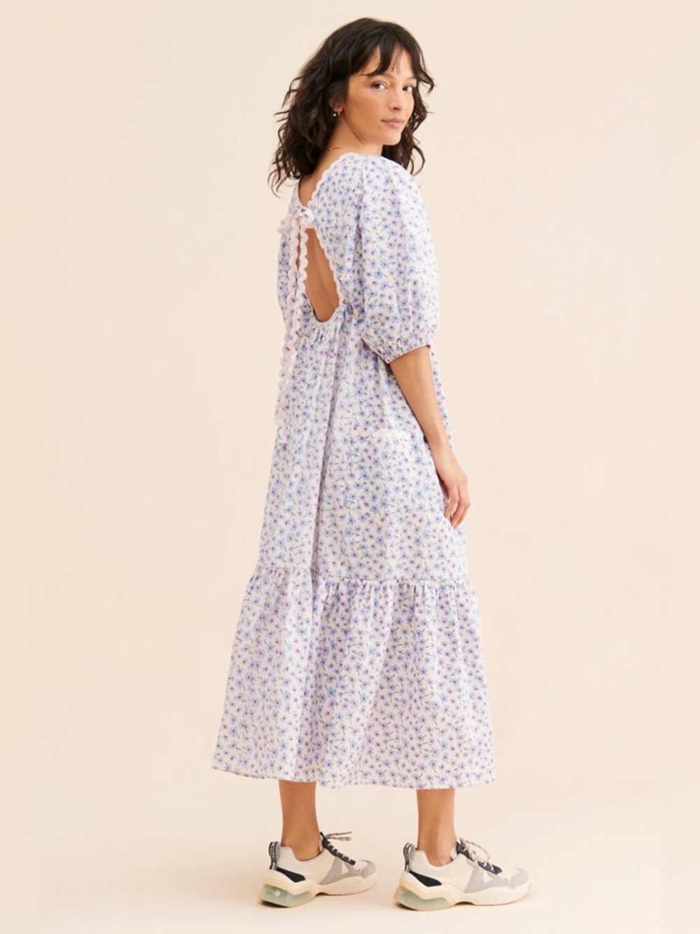 Damson Madder Greta Ditsy Floral Midi Dress 8 Pink Blue Puff Sleeve Pockets